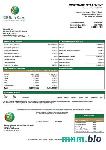 Kenia Bank DIB Kenia wyciąg z kredytu hipotecznego szablon Word i PDF